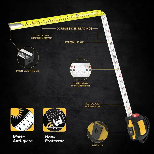 Alt view image 3 of 7 - 25Ft/7.5m AutoLock Tape Measure | 1-Inch Wide Blade with Nylon Coating, Matte Finish White & Yellow Dual Sided Rule Print | Ft/Inch/Fractions/Metric (LX-205)