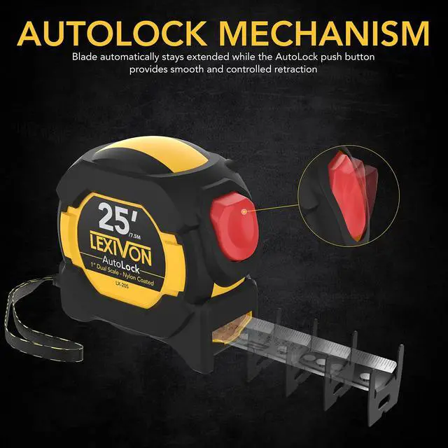 Alt view image 5 of 7 - 25Ft/7.5m AutoLock Tape Measure | 1-Inch Wide Blade with Nylon Coating, Matte Finish White & Yellow Dual Sided Rule Print | Ft/Inch/Fractions/Metric (LX-205)