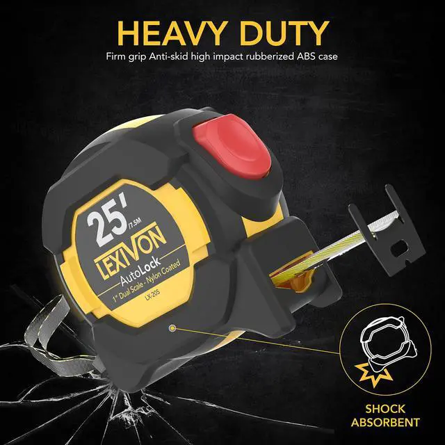 Alt view image 4 of 7 - 25Ft/7.5m AutoLock Tape Measure | 1-Inch Wide Blade with Nylon Coating, Matte Finish White & Yellow Dual Sided Rule Print | Ft/Inch/Fractions/Metric (LX-205)