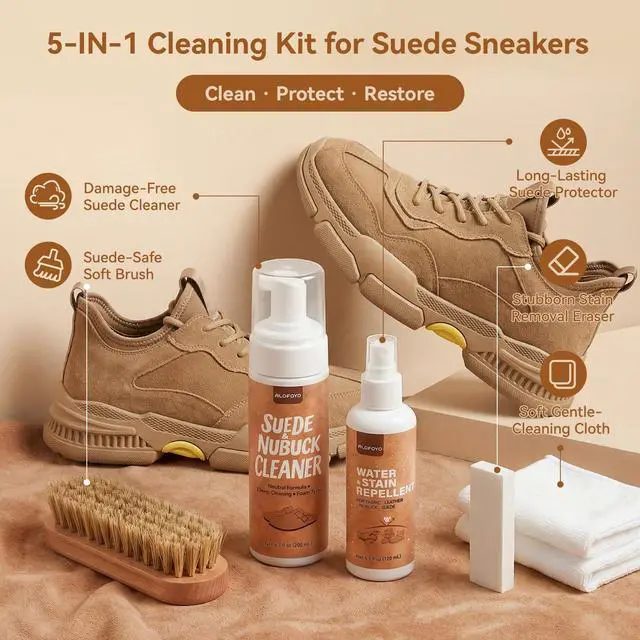 Alt view image 2 of 7 - Suede Shoe Cleaner Kit for Sneakers, 5-in-1 Foam Shoe Cleaner and Spray Protector with Shoe Brush, Eraser & Towel, Effective for Suede Shoes, Birkenstock, Nubuck, Bags, Jackets, Hat, Couch