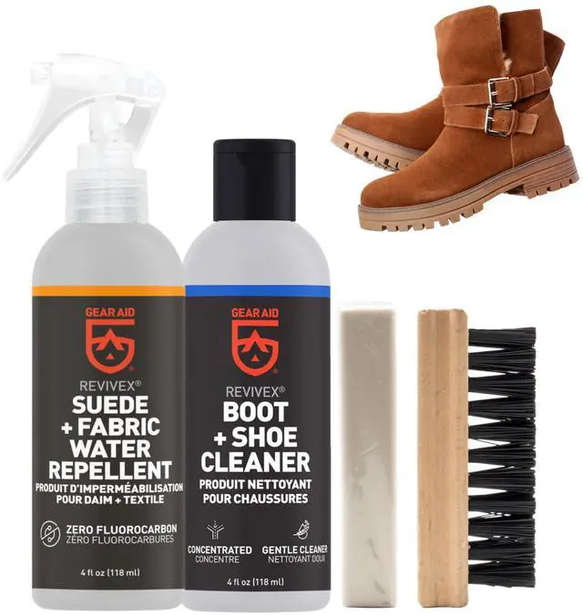 Main image of Revivex Suede Hiking and Work Boot Cleaner and Conditioning Kit, Waterproof Breathable Gore-Tex, Includes Soap, Water Repellent, Brush to Remove Dirt, Eraser Reduces Scuffs, 1 Pack