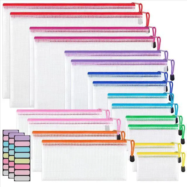 Main image of 18 Pack 8 Sizes Mesh Pouch, 9 Colors, Waterproof Zipper Bags Document Multipurpose Travel Bags for Office, School, Board Game, Puzzles, Cosmetics, Travel Accessories, and Home Organization