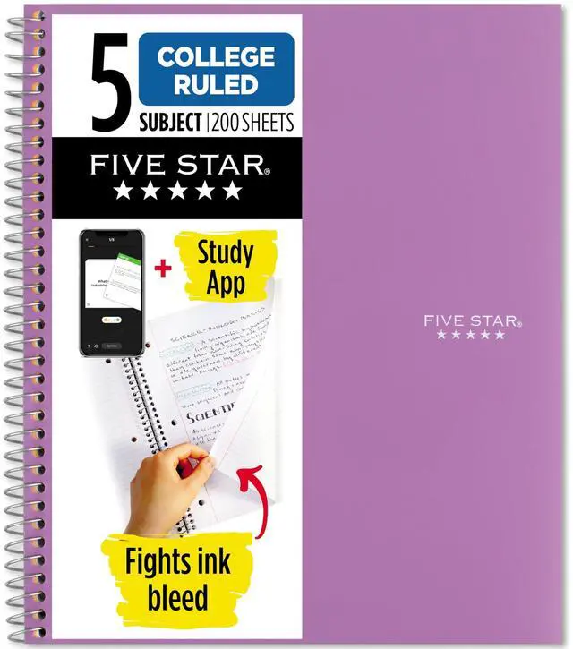 Main image of Spiral Notebook + Study App, 5 Subject, College Ruled Paper, 8-1/2" x 11", 200 Sheets, Fights Ink Bleed, Water Resistant Cover, Amethyst Purple (38748)
