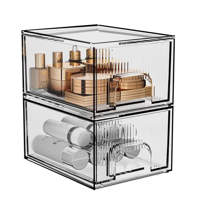 Alt view image 2 of 6 - 2 Pack Clear Stackable Cosmetic Organizer, Acrylic Drawer, Plastic Organizer for Dresser, Vanity, Kitchen Cabinet, Pantry, Home Organization and Storage
