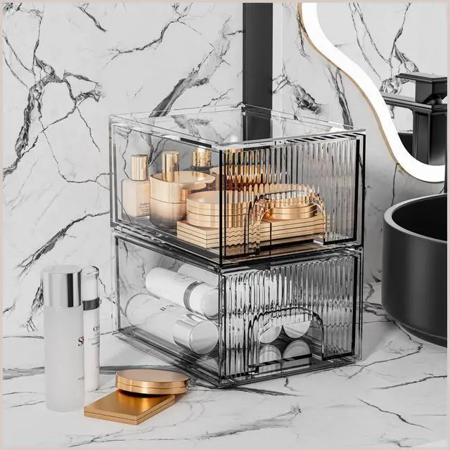 Alt view image 5 of 6 - 2 Pack Clear Stackable Cosmetic Organizer, Acrylic Drawer, Plastic Organizer for Dresser, Vanity, Kitchen Cabinet, Pantry, Home Organization and Storage