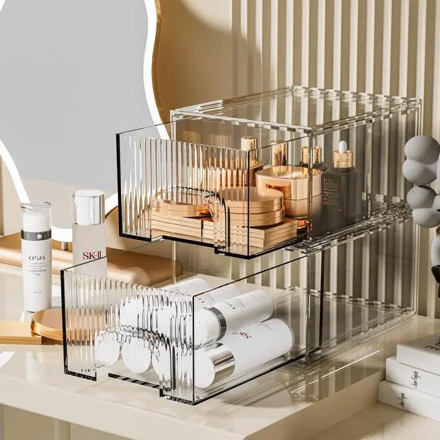 Alt view image 3 of 6 - 2 Pack Clear Stackable Cosmetic Organizer, Acrylic Drawer, Plastic Organizer for Dresser, Vanity, Kitchen Cabinet, Pantry, Home Organization and Storage