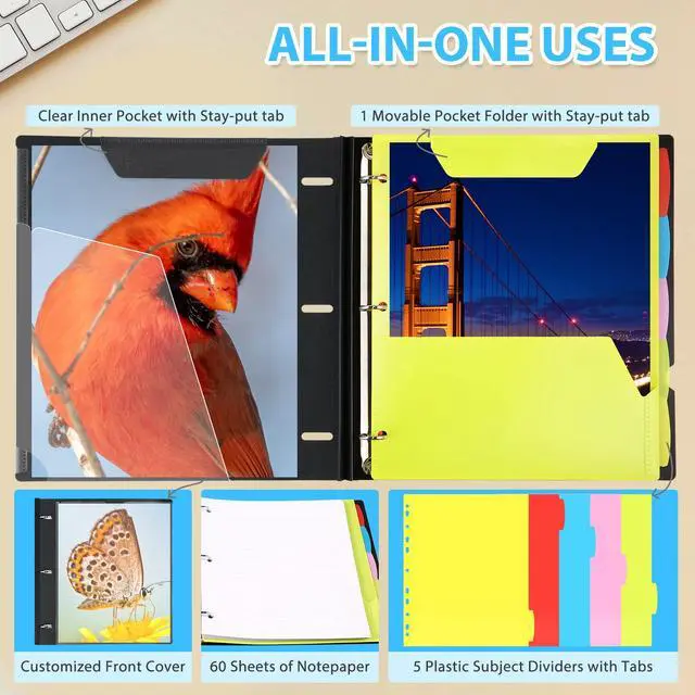 Alt view image 5 of 6 - Pack Telescoping 3 Ring Binder Notebook - Customizable Cover, 5 Dividers & Pocket Folder in One Slim Organizer (60 Sheets Included), Black