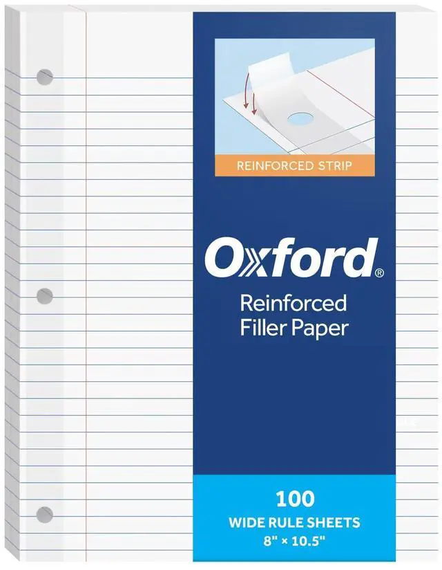 Main image of Reinforced Filler Paper, 8 x 10.5 Inch, Wide Rule, 3 Hole Punched, Lined Loose Leaf Paper for Ring Binders, 100 Sheets, White (1002098)