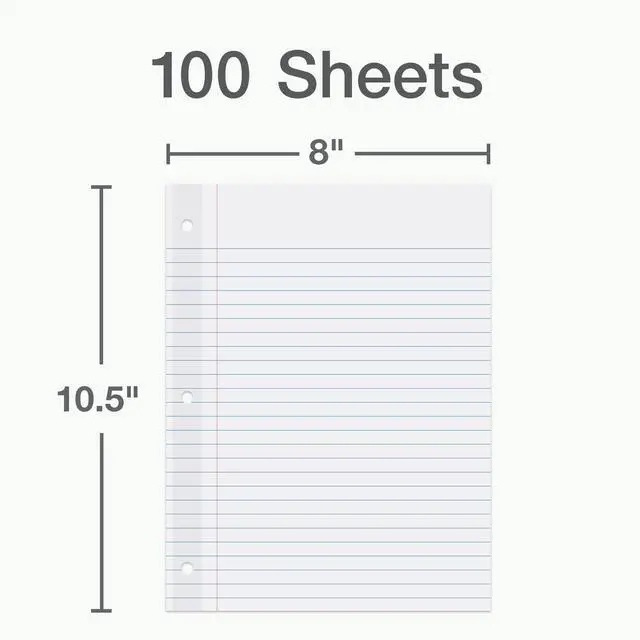 Alt view image 3 of 6 - Reinforced Filler Paper, 8 x 10.5 Inch, Wide Rule, 3 Hole Punched, Lined Loose Leaf Paper for Ring Binders, 100 Sheets, White (1002098)