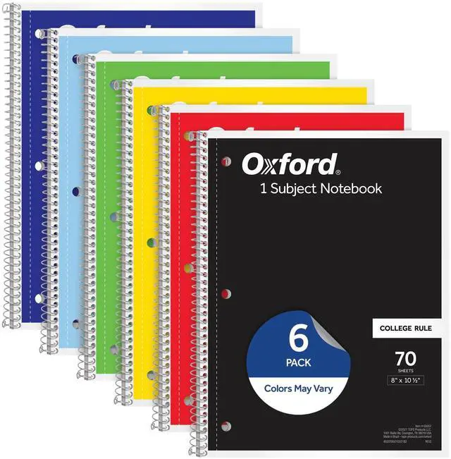 Main image of Spiral Notebook 6 Pack, 1 Subject, College Ruled Paper, 8 x 10-1/2 Inch, Color Assortment Design May Vary (65007)