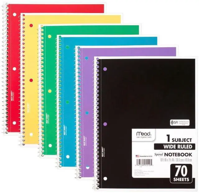 Main image of Spiral Notebook, 6 Pack, 1 Subject, Wide Ruled Paper, 7-1/2" x 10-1/2", 70 Sheets per Notebook, Colors Will Vary (930201-ECM25)