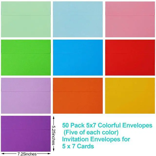 Alt view image 2 of 7 - 50 Pack Colored Envelope, 5x7 Envelopes, A7 Envelopes for Invitations, Printable Invitation Envelope for Weddings, Invitations, Photos, Postcards, Greeting Cards, Mailing