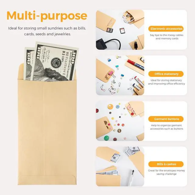 Alt view image 3 of 7 - 100 PACK Brown Cash Envelopes 3 1/2 x 6 1/2 for Budgeting, Small Kraft Money Envelopes Self Adhesive for Cash, Coins, Check, Seeds, Money Savings Challenges