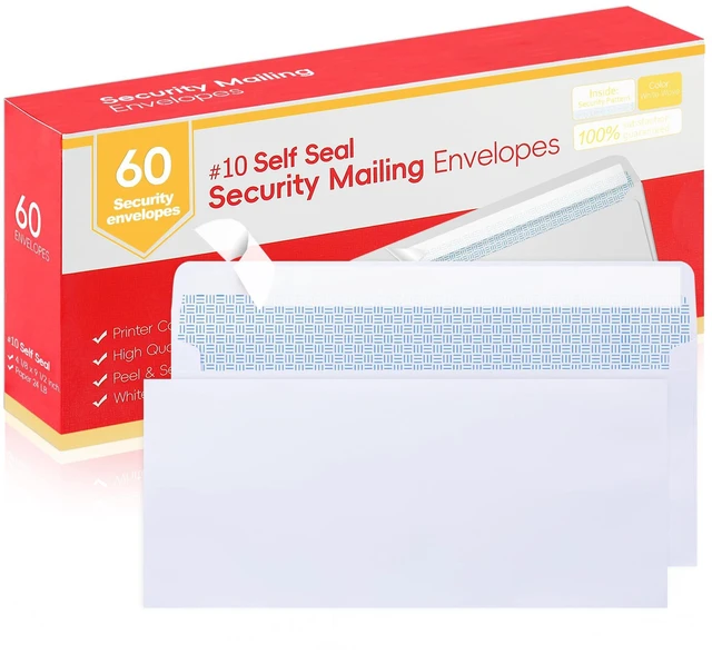 Main image of No. 10 Business Envelopes (Pack of 60) Self-Seal, No-Window, Security-Tinted, 4-1/8 x 9-1/2 Inches, White 24lb Paper