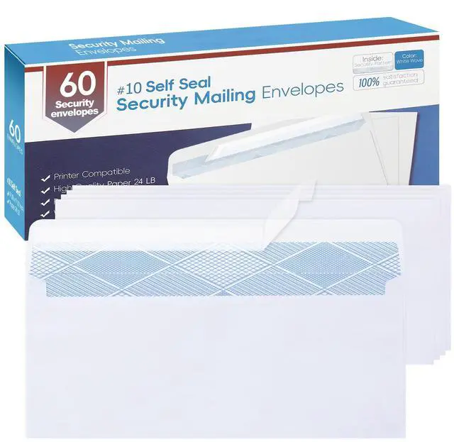 Main image of 60PCS #10 Envelopes Letter Size Self Seal Business Envelopes No Window Security Mailing Envelopes Size 4-1/8 x 9-1/2 Inch - White 24LB Paper
