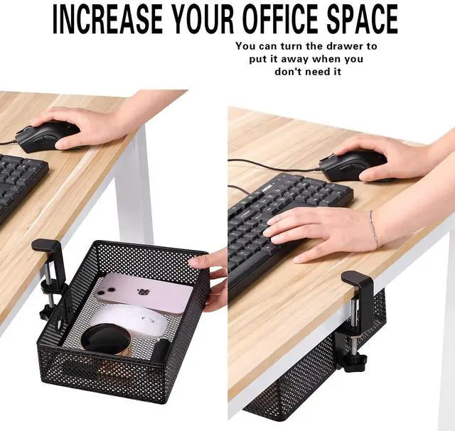 Alt view image 2 of 6 - Mesh Desk Organizer and Clamp-on Swivel Pencil Drawer, Desk Hidden Extra Sturdy C-Clamp Mount System and Easy to Instal, Home Office Art Supply Storage Box (Black)