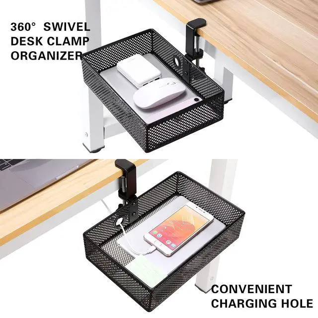 Alt view image 4 of 6 - Mesh Desk Organizer and Clamp-on Swivel Pencil Drawer, Desk Hidden Extra Sturdy C-Clamp Mount System and Easy to Instal, Home Office Art Supply Storage Box (Black)