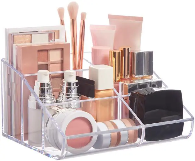 Main image of Clear Plastic Vanity Makeup Organizer | 6-Compartment Holder for Brushes, Eyeshadow Palettes, & Beauty Supplies | Curved Front Design | Made in USA