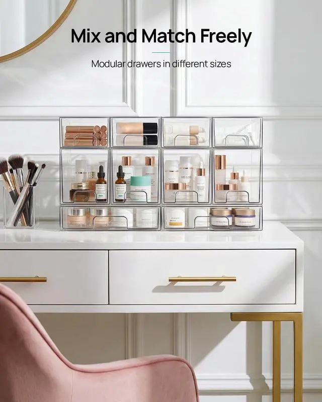 Alt view image 7 of 7 - 2 Pack Small Clear Stackable Storage Drawers,Acrylic Bathroom Makeup Organizer,Plastic Storage Bins for Vanity, Undersink, Kitchen Cabinets, Pantry, Home Organization