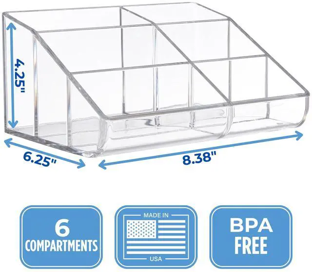 Alt view image 5 of 7 - Clear Plastic Vanity Makeup Organizer | 6-Compartment Holder for Brushes, Eyeshadow Palettes, & Beauty Supplies | Curved Front Design | Made in USA