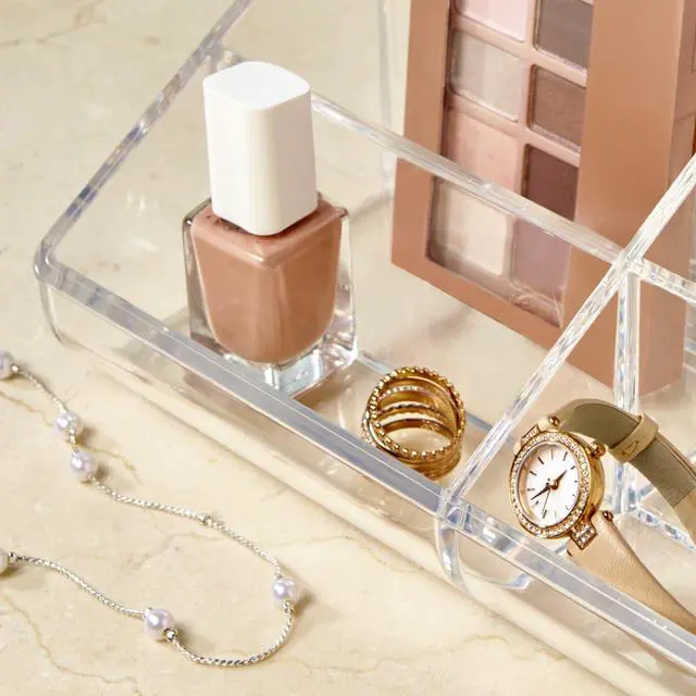 Alt view image 7 of 7 - Clear Plastic Vanity Makeup Organizer | 6-Compartment Holder for Brushes, Eyeshadow Palettes, & Beauty Supplies | Curved Front Design | Made in USA