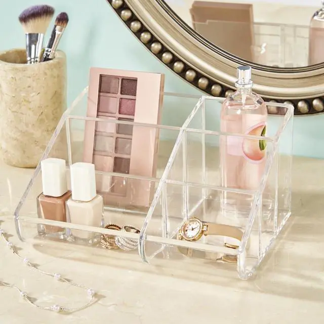 Alt view image 3 of 7 - Clear Plastic Vanity Makeup Organizer | 6-Compartment Holder for Brushes, Eyeshadow Palettes, & Beauty Supplies | Curved Front Design | Made in USA