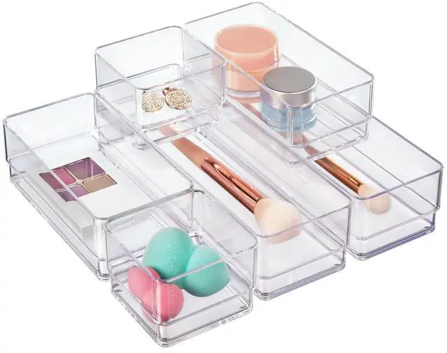 Main image of SimpleSort Drawer Organizer Bins 6 pc Set, Multi-size, Bathroom Organizers and Storage, Makeup Organizer, Desk Organizer, Vanity Organizer, Clear Organizing Containers, Made in USA