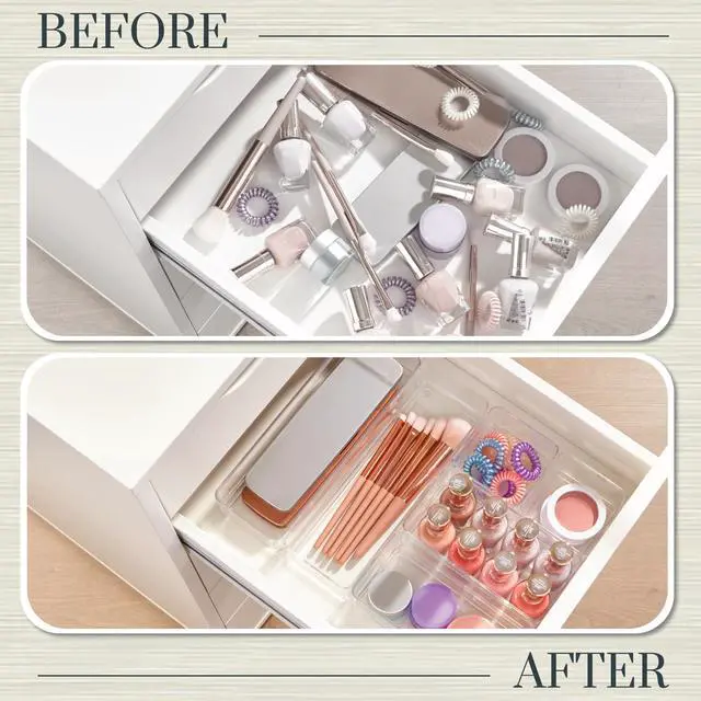 Alt view image 6 of 7 - SimpleSort Drawer Organizer Bins 6 pc Set, Multi-size, Bathroom Organizers and Storage, Makeup Organizer, Desk Organizer, Vanity Organizer, Clear Organizing Containers, Made in USA