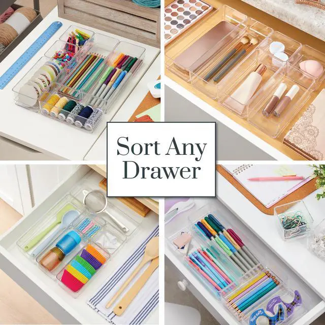 Alt view image 4 of 7 - SimpleSort Drawer Organizer Bins 6 pc Set, Multi-size, Bathroom Organizers and Storage, Makeup Organizer, Desk Organizer, Vanity Organizer, Clear Organizing Containers, Made in USA