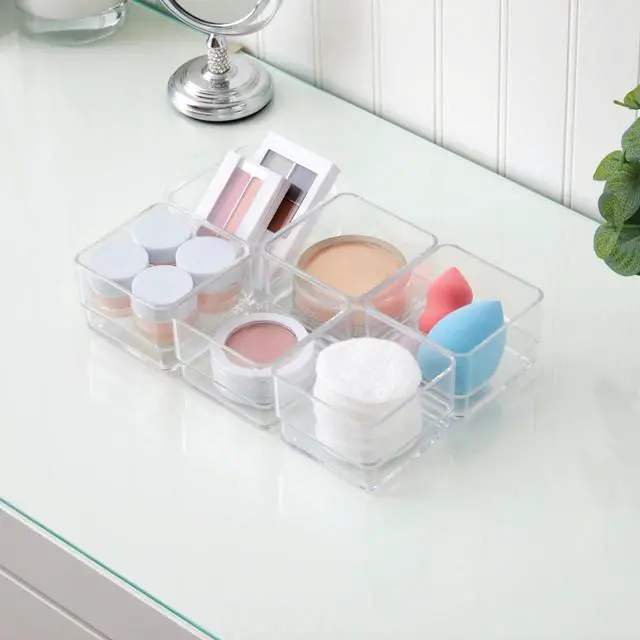 Alt view image 7 of 7 - SimpleSort Drawer Organizer Bins 6 pc Set, Multi-size, Bathroom Organizers and Storage, Makeup Organizer, Desk Organizer, Vanity Organizer, Clear Organizing Containers, Made in USA