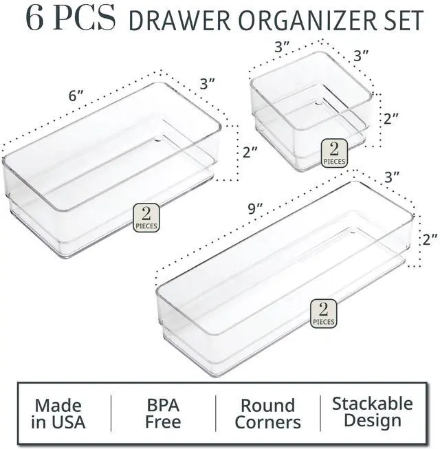 Alt view image 2 of 7 - SimpleSort Drawer Organizer Bins 6 pc Set, Multi-size, Bathroom Organizers and Storage, Makeup Organizer, Desk Organizer, Vanity Organizer, Clear Organizing Containers, Made in USA