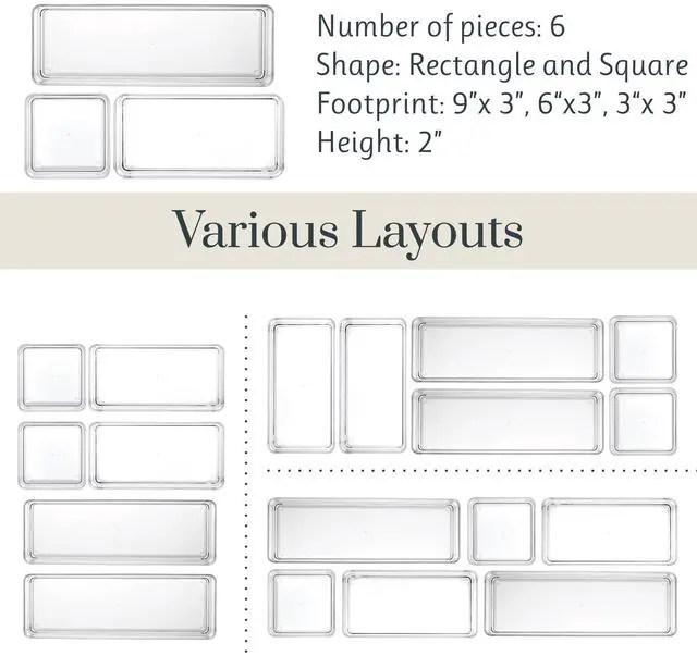 Alt view image 5 of 7 - SimpleSort Drawer Organizer Bins 6 pc Set, Multi-size, Bathroom Organizers and Storage, Makeup Organizer, Desk Organizer, Vanity Organizer, Clear Organizing Containers, Made in USA