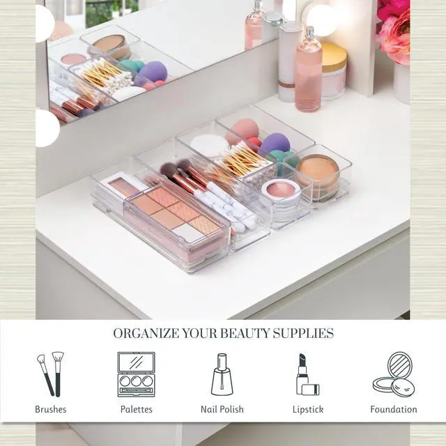 Alt view image 3 of 7 - SimpleSort Drawer Organizer Bins 6 pc Set, Multi-size, Bathroom Organizers and Storage, Makeup Organizer, Desk Organizer, Vanity Organizer, Clear Organizing Containers, Made in USA