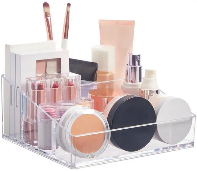 Main image of Clear Plastic Small Countertop Vanity Makeup Organizer, Compact Rectangular 4-Compartment Holder for Brushes, Eyeshadow Palettes, & Beauty Supplies, Made in USA