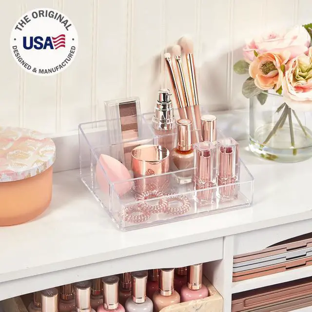 Alt view image 2 of 7 - Clear Plastic Small Countertop Vanity Makeup Organizer, Compact Rectangular 4-Compartment Holder for Brushes, Eyeshadow Palettes, & Beauty Supplies, Made in USA