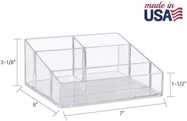 Alt view image 5 of 7 - Clear Plastic Small Countertop Vanity Makeup Organizer, Compact Rectangular 4-Compartment Holder for Brushes, Eyeshadow Palettes, & Beauty Supplies, Made in USA