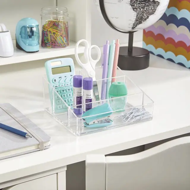 Alt view image 4 of 7 - Clear Plastic Small Countertop Vanity Makeup Organizer, Compact Rectangular 4-Compartment Holder for Brushes, Eyeshadow Palettes, & Beauty Supplies, Made in USA