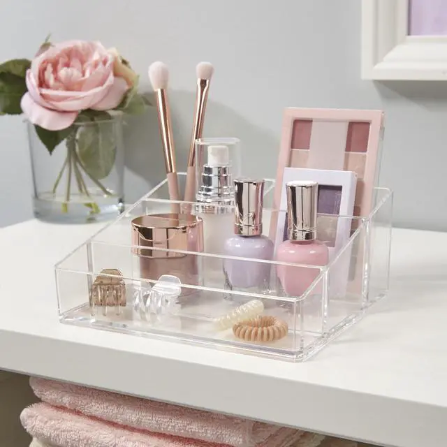 Alt view image 3 of 7 - Clear Plastic Small Countertop Vanity Makeup Organizer, Compact Rectangular 4-Compartment Holder for Brushes, Eyeshadow Palettes, & Beauty Supplies, Made in USA