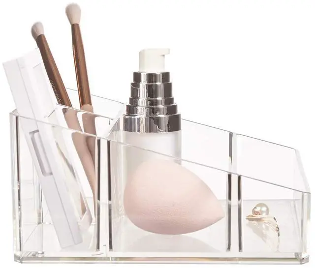Alt view image 7 of 7 - Clear Plastic Small Countertop Vanity Makeup Organizer, Compact Rectangular 4-Compartment Holder for Brushes, Eyeshadow Palettes, & Beauty Supplies, Made in USA