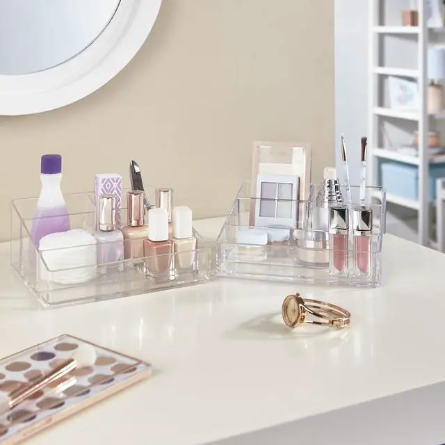 Alt view image 6 of 7 - Clear Plastic Small Countertop Vanity Makeup Organizer, Compact Rectangular 4-Compartment Holder for Brushes, Eyeshadow Palettes, & Beauty Supplies, Made in USA