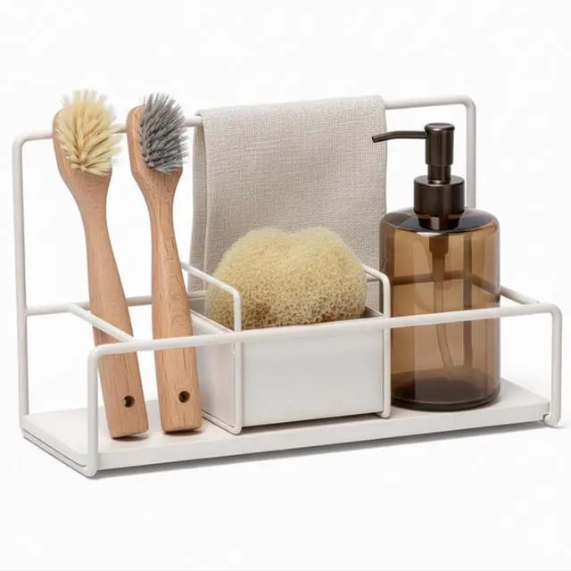 Main image of Kitchen Sponge Holder with Drying Stone Warm Grey Powder Coated Metal Sink Caddy Minimal Scandinavian Design Sponge Rack for Kitchen Sink Organization & Elegant Countertop Storage