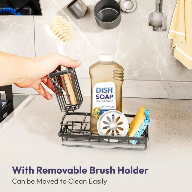 Alt view image 5 of 7 - Sink Caddy Sponge Holder - Kitchen Sink Organizer with High Brush Holder for Countertop to Hold Dish Soaps and Sponges, Stainless Steel, Black