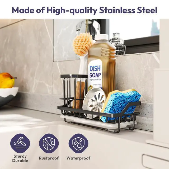 Alt view image 2 of 7 - Sink Caddy Sponge Holder - Kitchen Sink Organizer with High Brush Holder for Countertop to Hold Dish Soaps and Sponges, Stainless Steel, Black