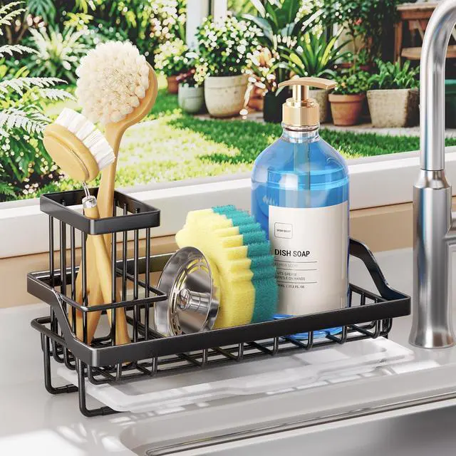Main image of Sink Caddy Sponge Holder - Kitchen Sink Organizer with High Brush Holder for Countertop to Hold Dish Soaps and Sponges, Stainless Steel, Black