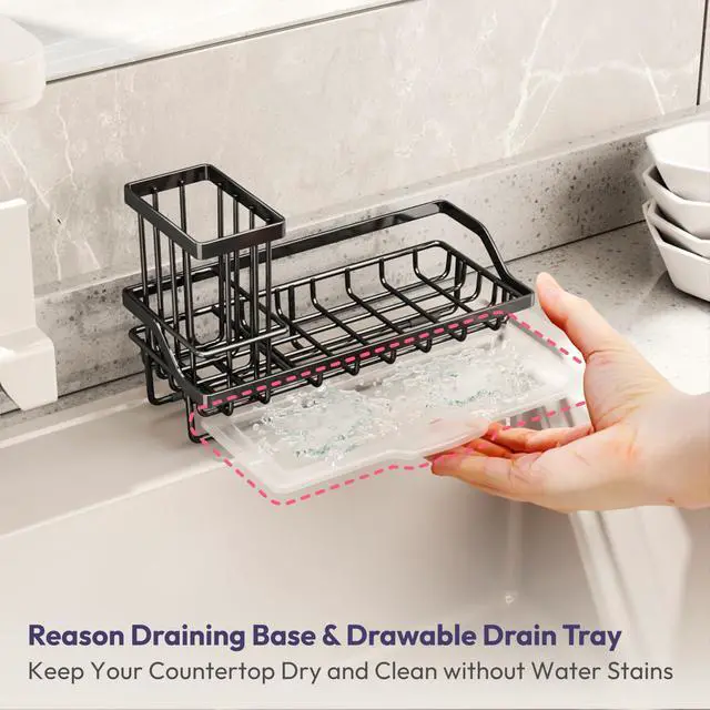 Alt view image 3 of 7 - Sink Caddy Sponge Holder - Kitchen Sink Organizer with High Brush Holder for Countertop to Hold Dish Soaps and Sponges, Stainless Steel, Black