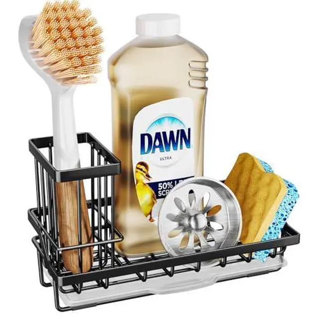 Alt view image 4 of 7 - Sink Caddy Sponge Holder - Kitchen Sink Organizer with High Brush Holder for Countertop to Hold Dish Soaps and Sponges, Stainless Steel, Black