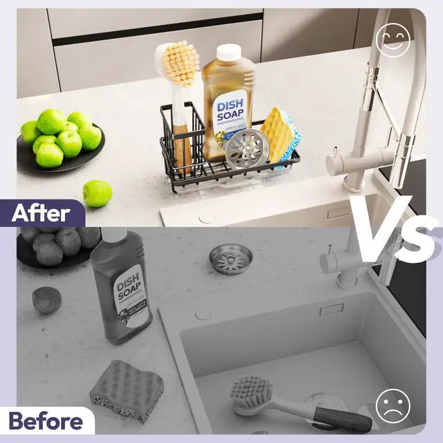Alt view image 6 of 7 - Sink Caddy Sponge Holder - Kitchen Sink Organizer with High Brush Holder for Countertop to Hold Dish Soaps and Sponges, Stainless Steel, Black