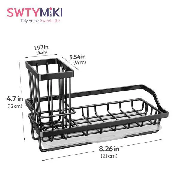 Alt view image 7 of 7 - Sink Caddy Sponge Holder - Kitchen Sink Organizer with High Brush Holder for Countertop to Hold Dish Soaps and Sponges, Stainless Steel, Black
