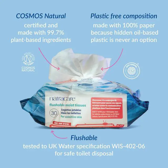 Alt view image 2 of 5 - Safe to Flush Moist Tissues, Made of 100% paper and an Organic and Natural formula with Aloe Vera and Witch Hazel (1 Pack, 30 wipes total)