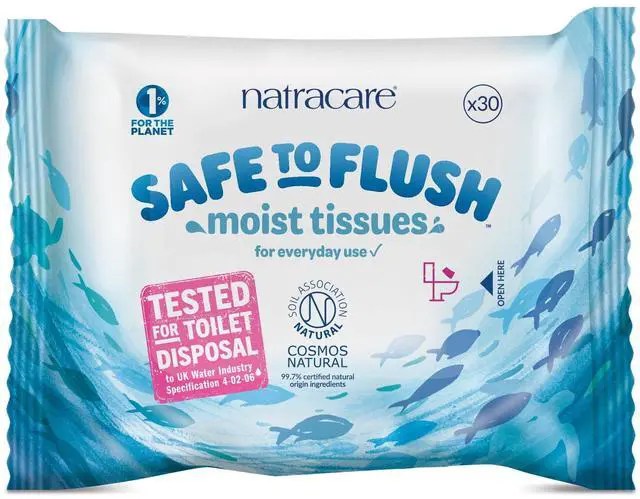Main image of Safe to Flush Moist Tissues, Made of 100% paper and an Organic and Natural formula with Aloe Vera and Witch Hazel (1 Pack, 30 wipes total)